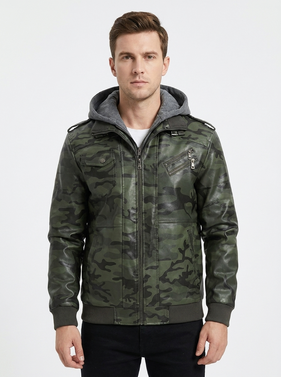 Men's Leather Moto Jacket Removable Hood Zip-Up Biker Coat