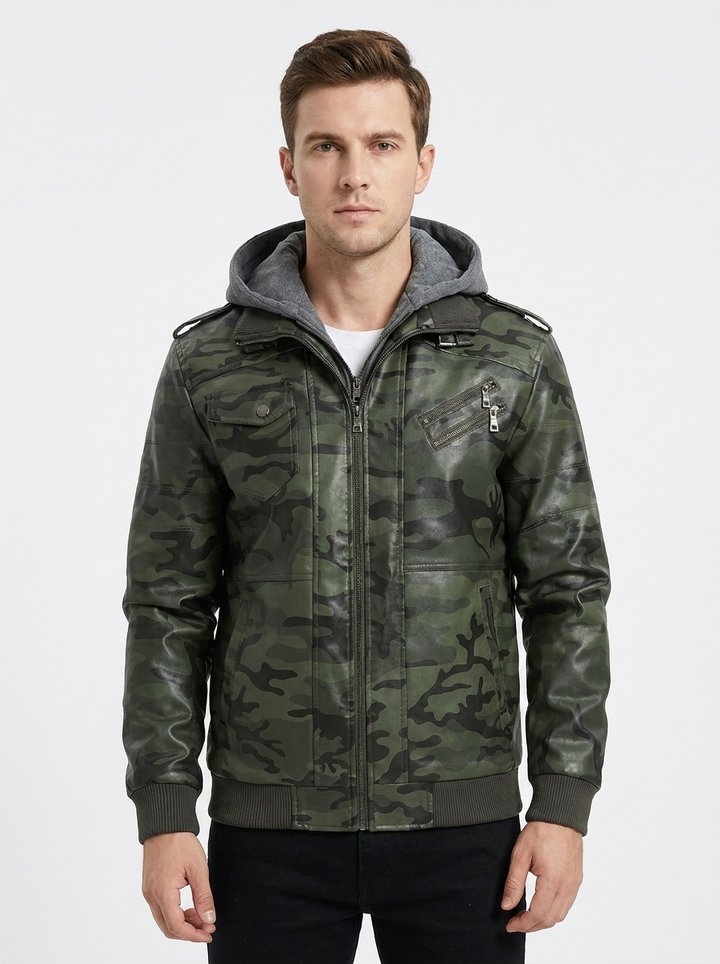 Men's Leather Moto Jacket Removable Hood Zip-Up Biker Coat