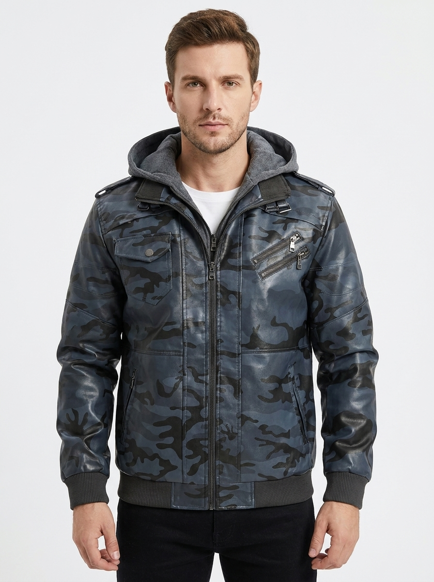 Men's Leather Moto Jacket Removable Hood Zip-Up Biker Coat