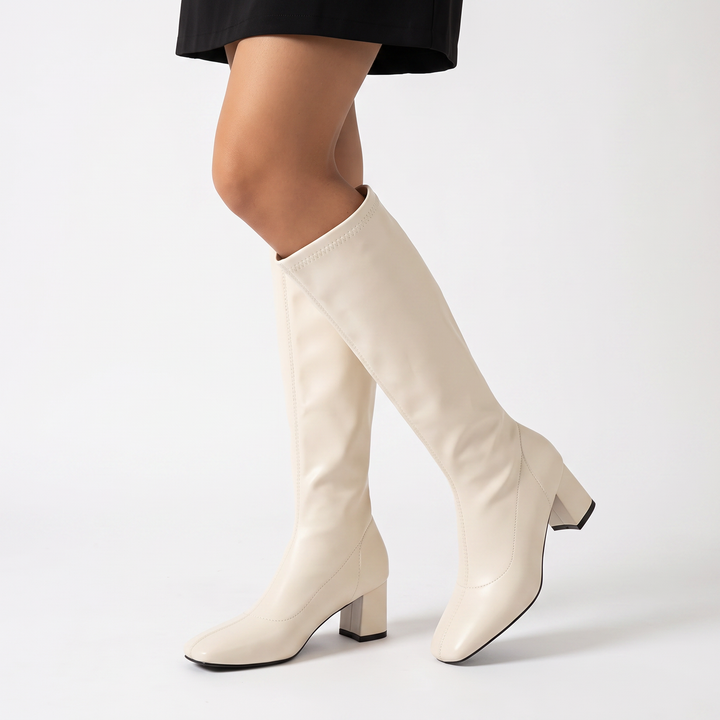 Women's Knee-High Boots Square Toe Block Heel Zip-Up Boots