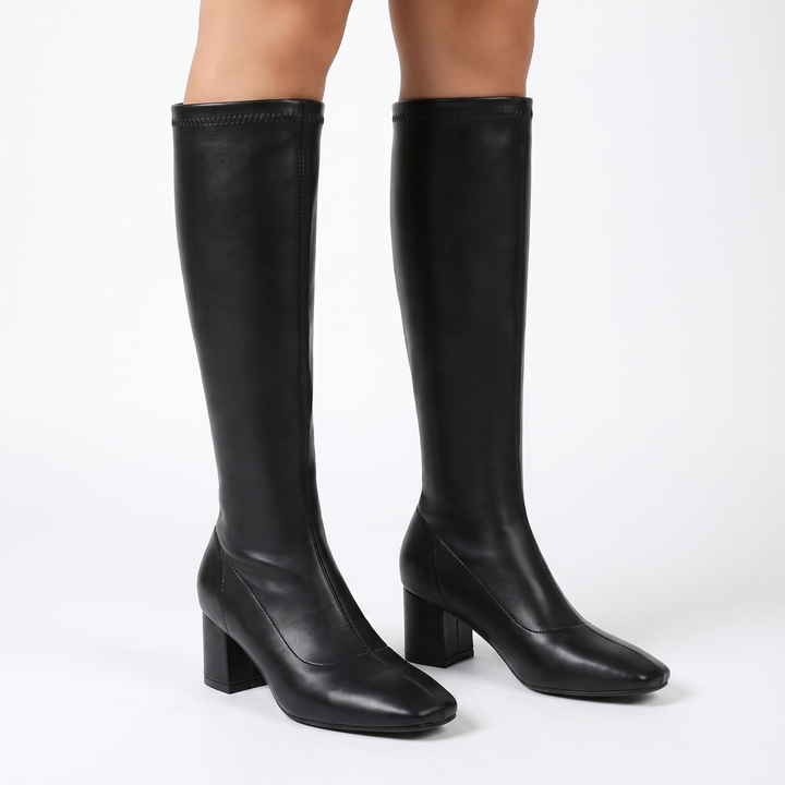 Women's Knee-High Boots Square Toe Block Heel Zip-Up Boots