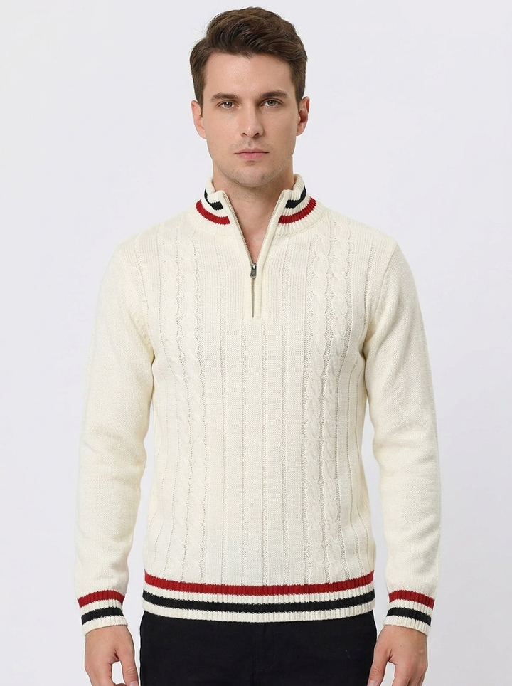 Men's Cable Knit Quarter-Zip Sweater Striped Trim Pullover