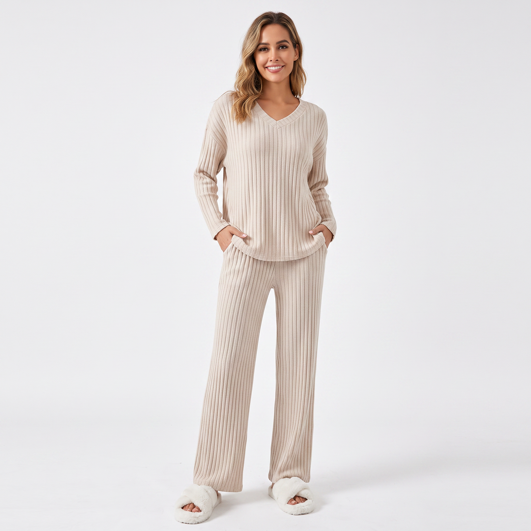 Women's Ribbed Knit Loungewear Set V-Neck Top and Pants