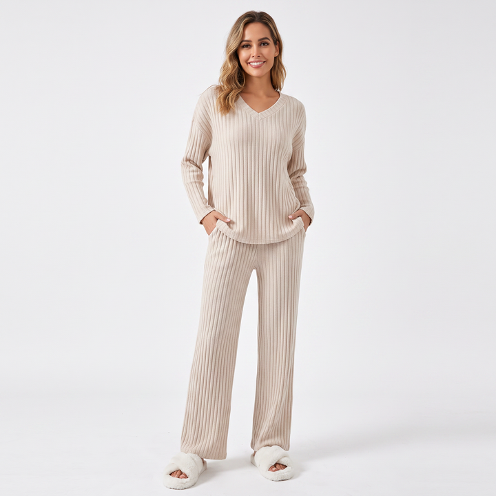 Women's Ribbed Knit Loungewear Set V-Neck Top and Pants