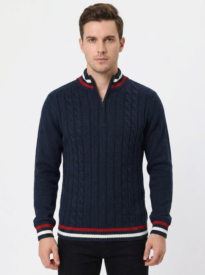 Men's Cable Knit Quarter-Zip Sweater Striped Trim Pullover