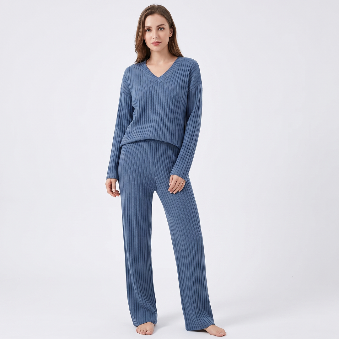 Women's Ribbed Knit Loungewear Set V-Neck Top and Pants