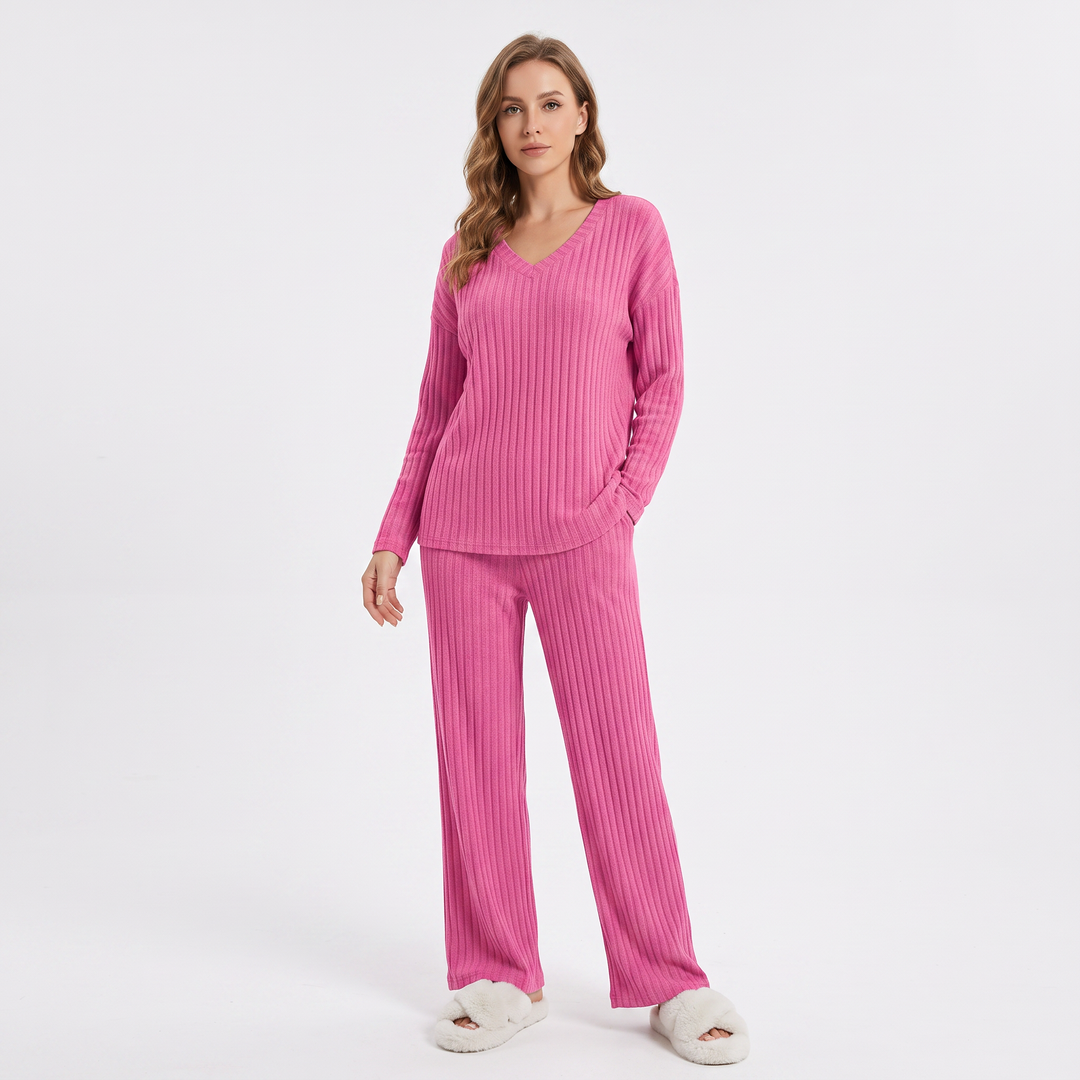 Women's Ribbed Knit Loungewear Set V-Neck Top and Pants