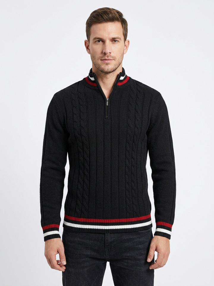 Men's Cable Knit Quarter-Zip Sweater Striped Trim Pullover
