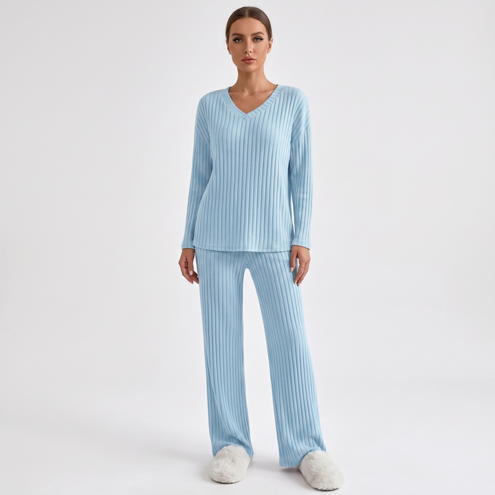 Women's Ribbed Knit Loungewear Set V-Neck Top and Pants