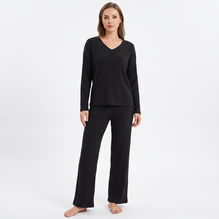Women's Ribbed Knit Loungewear Set V-Neck Top and Pants