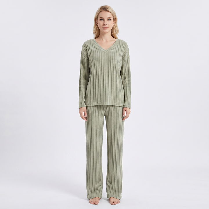 Women's Ribbed Knit Loungewear Set V-Neck Top and Pants