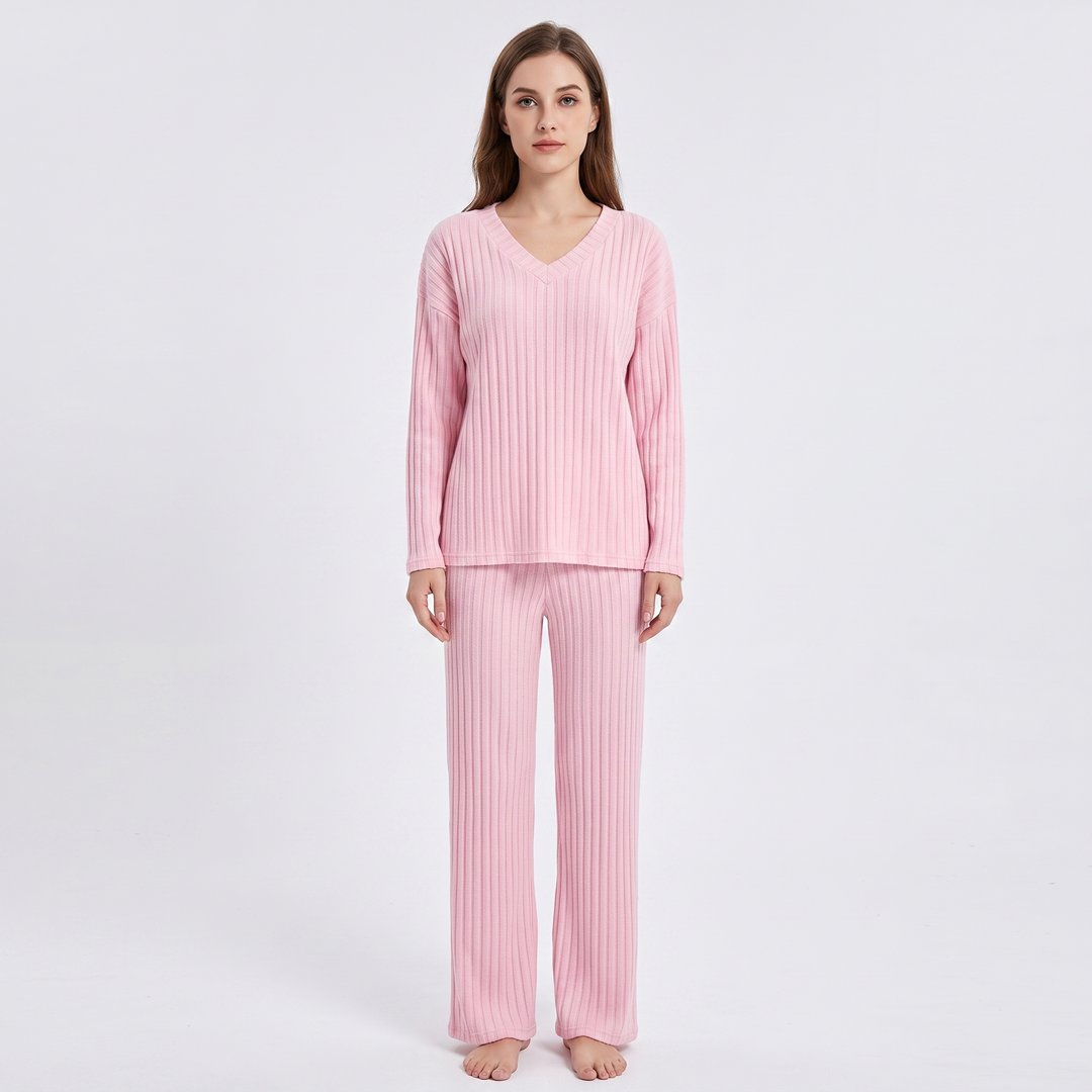 Women's Ribbed Knit Loungewear Set V-Neck Top and Pants