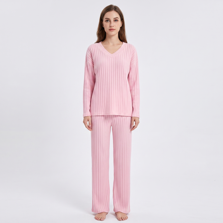 Women's Ribbed Knit Loungewear Set V-Neck Top and Pants