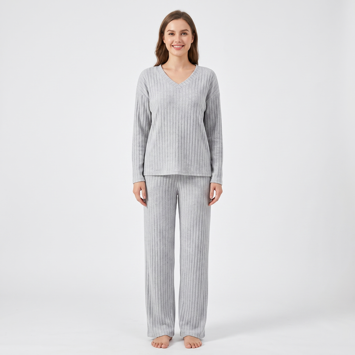 Women's Ribbed Knit Loungewear Set V-Neck Top and Pants