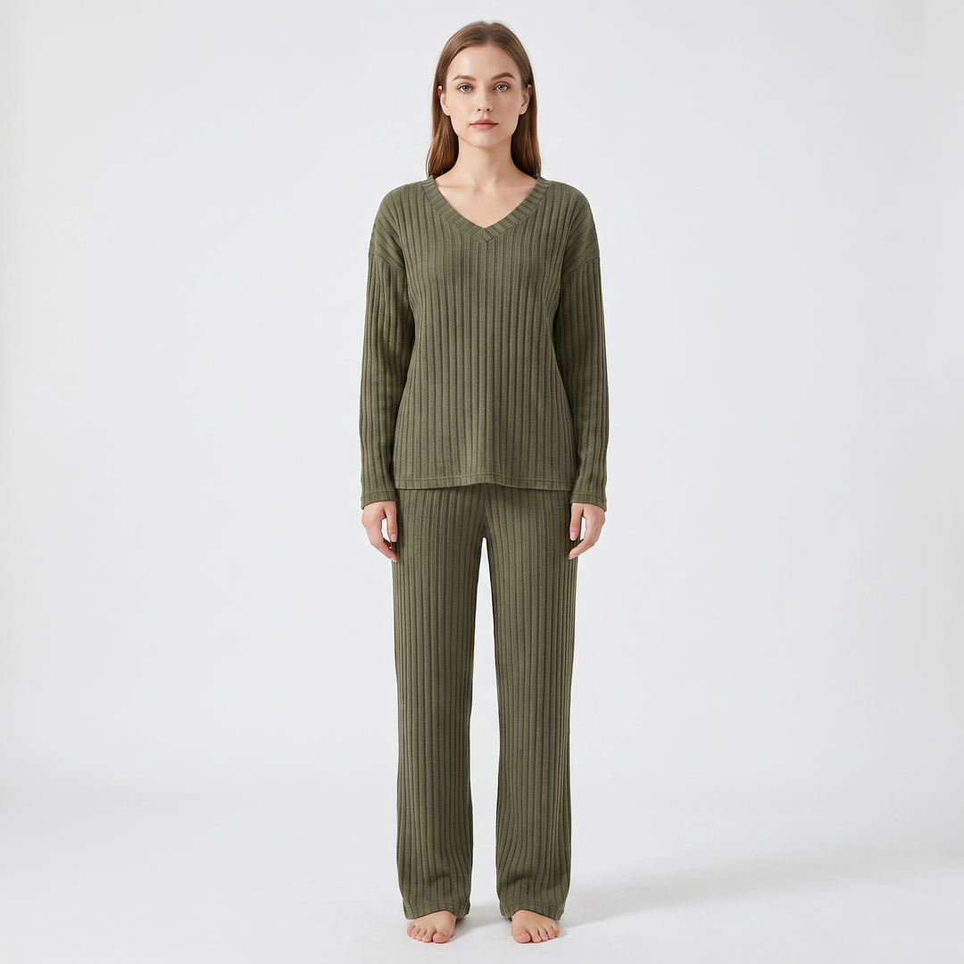 Women's Ribbed Knit Loungewear Set V-Neck Top and Pants