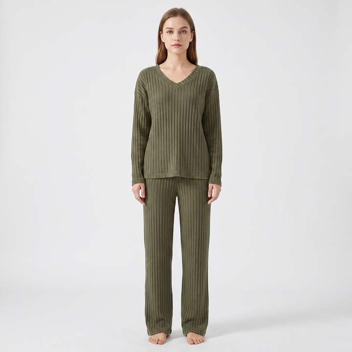 Women's Ribbed Knit Loungewear Set V-Neck Top and Pants