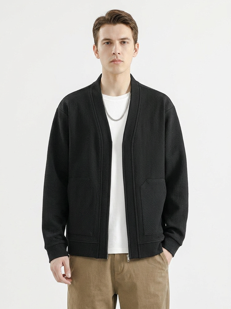 Men's Textured Zip-Up Cardigan Jacket Oversized Casual