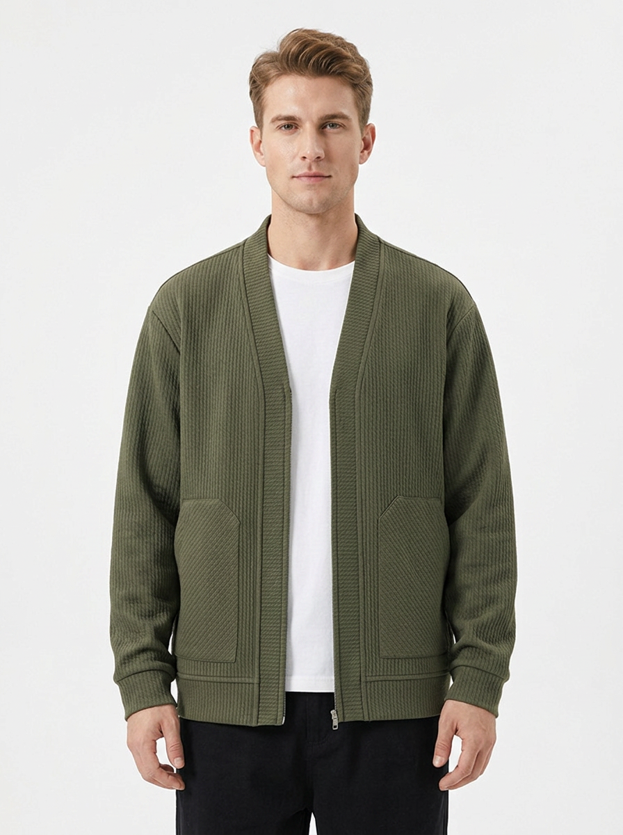 Men's Textured Zip-Up Cardigan Jacket Oversized Casual