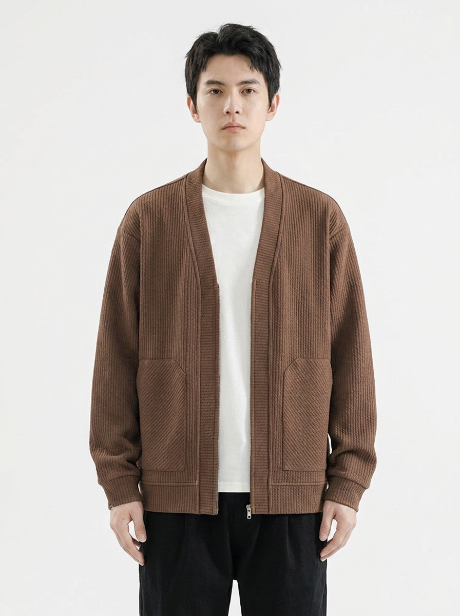 Men's Textured Zip-Up Cardigan Jacket Oversized Casual