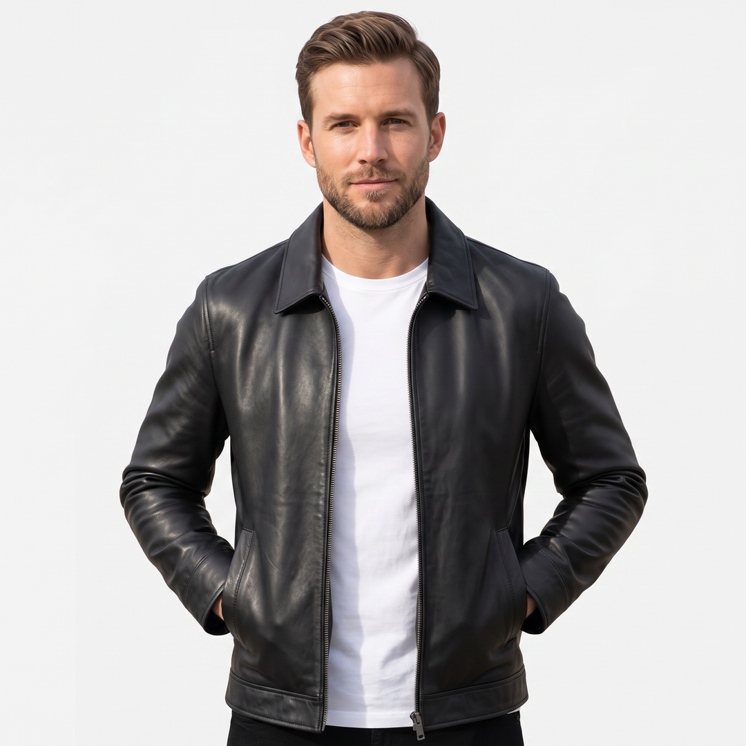 Men's Leather Jacket Collared Zip-Up Casual Coat