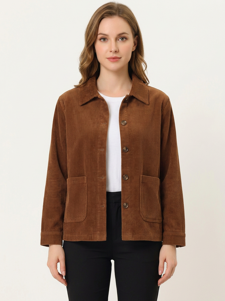 Women's Corduroy Jacket Button-Up Collared Utility Coat