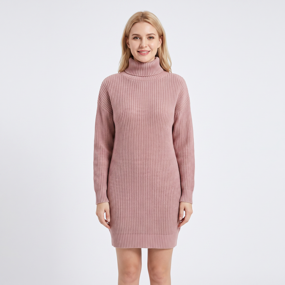Women's Ribbed Knit Sweater Dress Mock Neck Mini Dress