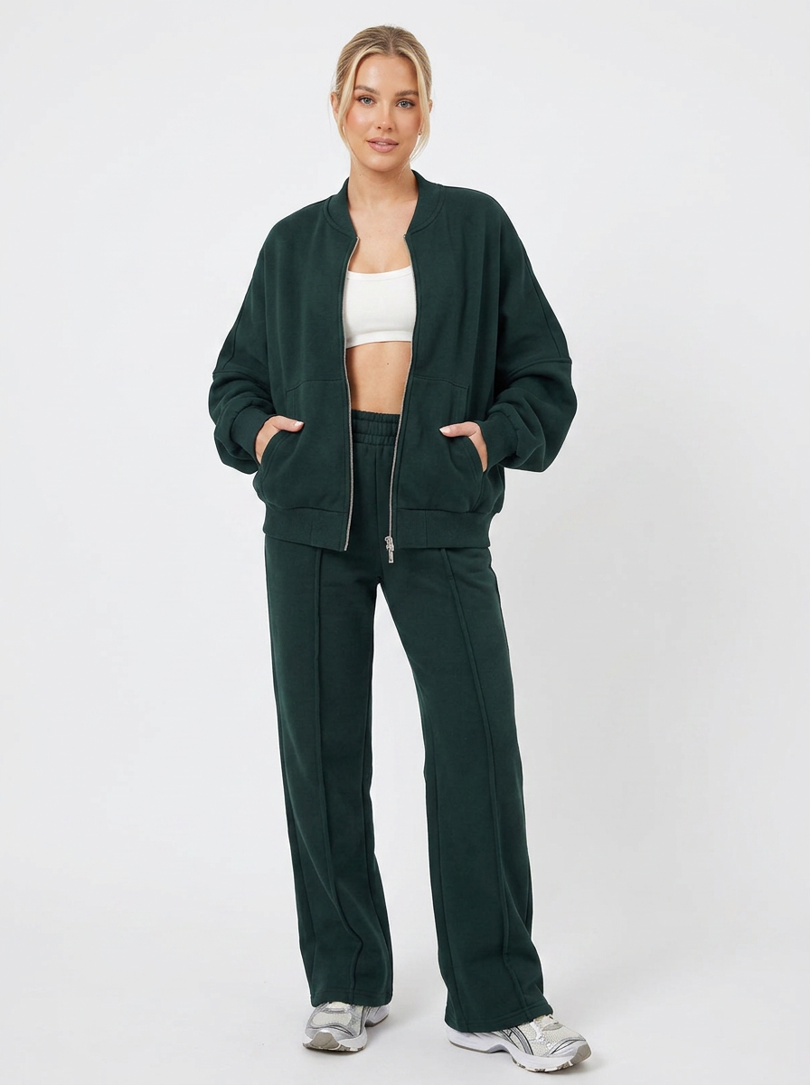 Women's Cropped Zip-Up Jacket and Wide-Leg Pants Set