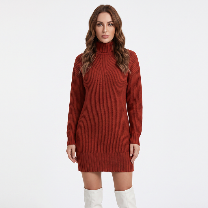 Women's Ribbed Knit Sweater Dress Mock Neck Mini Dress