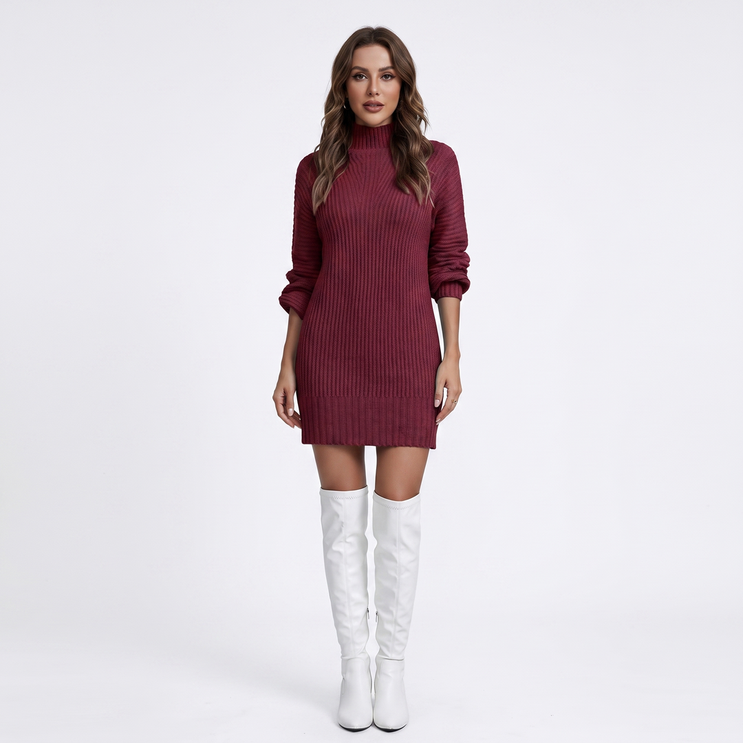 Women's Ribbed Knit Sweater Dress Mock Neck Mini Dress