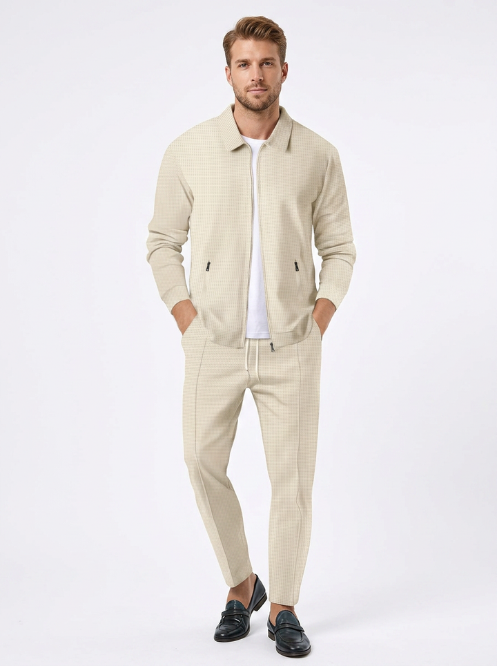 Men's Textured Zip-Up Jacket and Pants Two-Piece Set