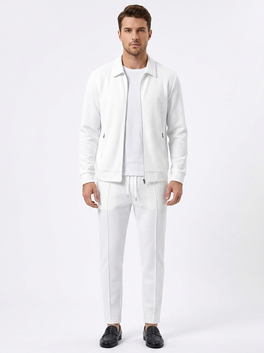 Men's Textured Zip-Up Jacket and Pants Two-Piece Set
