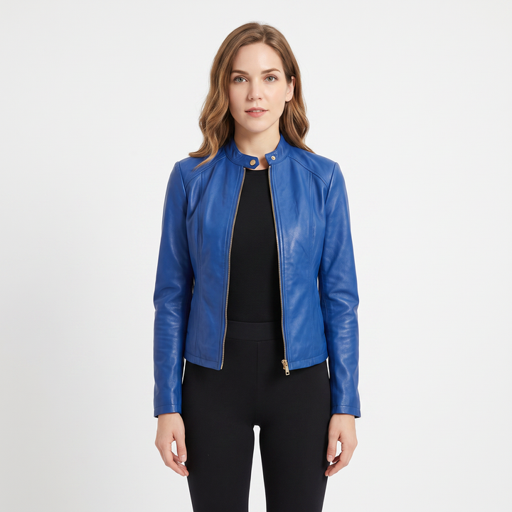 Women's Leather Moto Jacket Fitted Zip-Up Biker Jacket