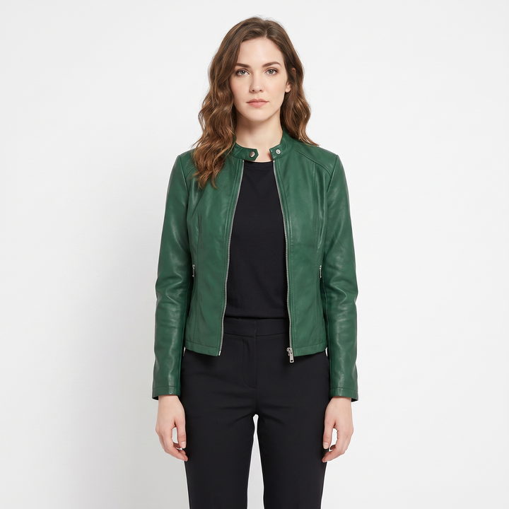 Women's Leather Moto Jacket Fitted Zip-Up Biker Jacket