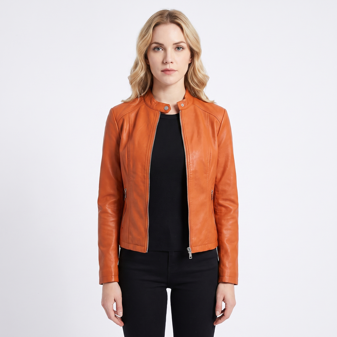 Women's Leather Moto Jacket Fitted Zip-Up Biker Jacket