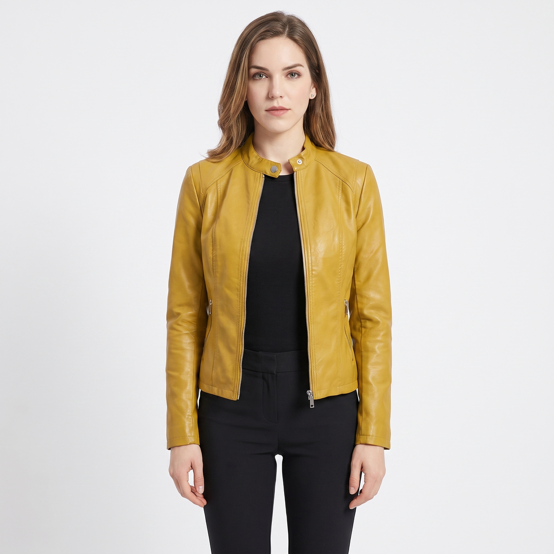 Women's Leather Moto Jacket Fitted Zip-Up Biker Jacket