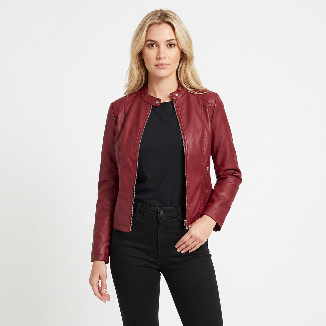 Women's Leather Moto Jacket Fitted Zip-Up Biker Jacket