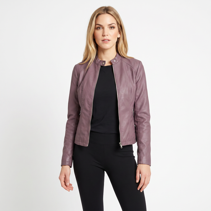 Women's Leather Moto Jacket Fitted Zip-Up Biker Jacket