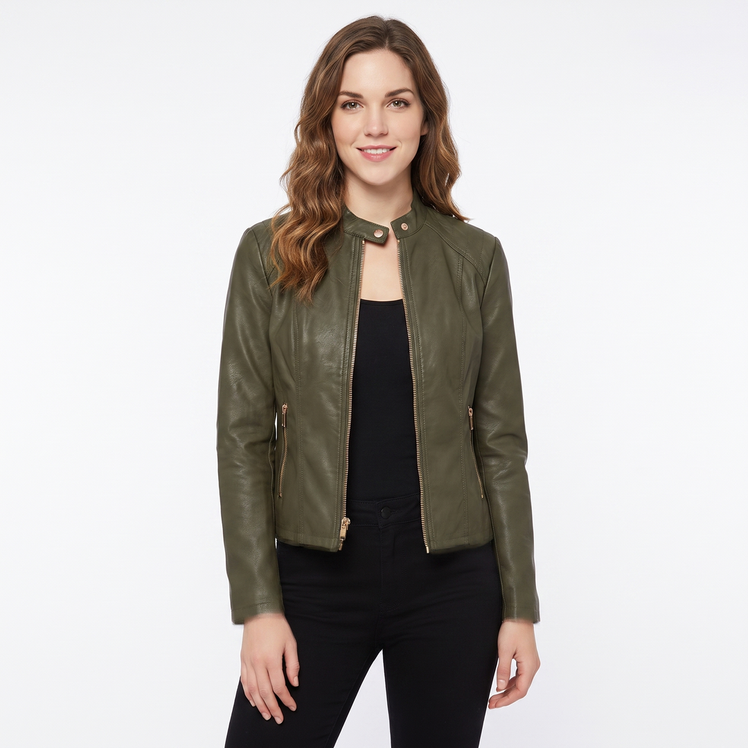 Women's Leather Moto Jacket Fitted Zip-Up Biker Jacket