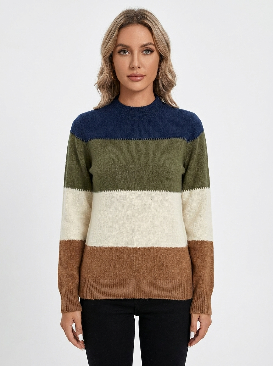 Women's Colorblock Sweater Mock Neck Striped Knit Pullover