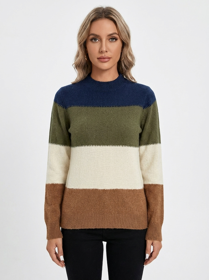Women's Colorblock Sweater Mock Neck Striped Knit Pullover