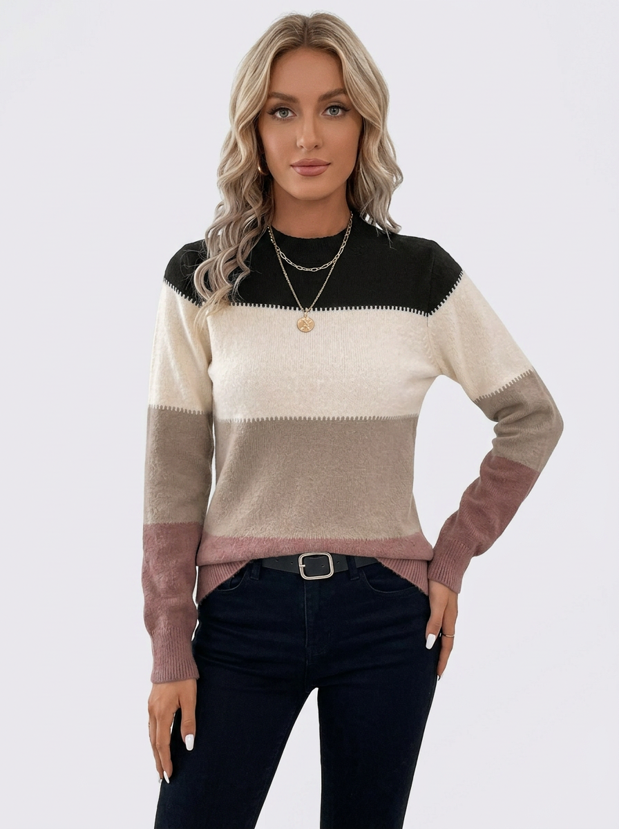 Women's Colorblock Sweater Mock Neck Striped Knit Pullover