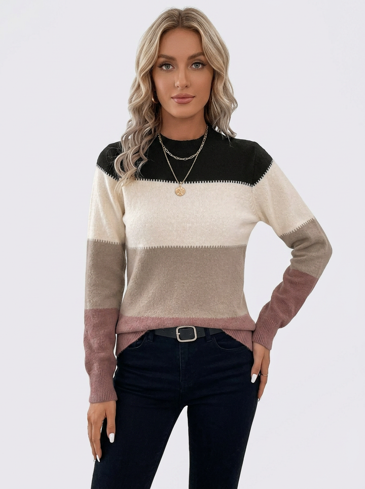 Women's Colorblock Sweater Mock Neck Striped Knit Pullover