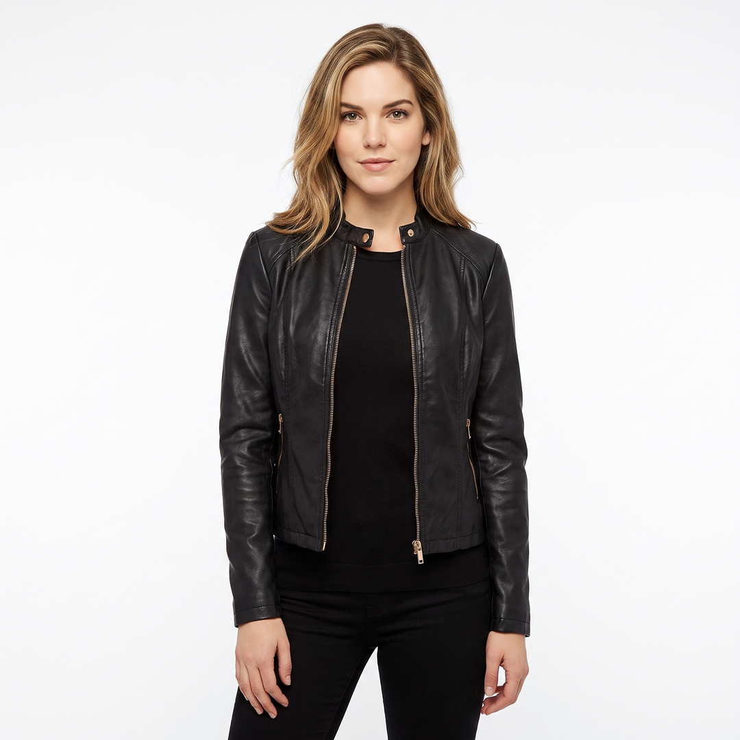 Women's Leather Moto Jacket Fitted Zip-Up Biker Jacket