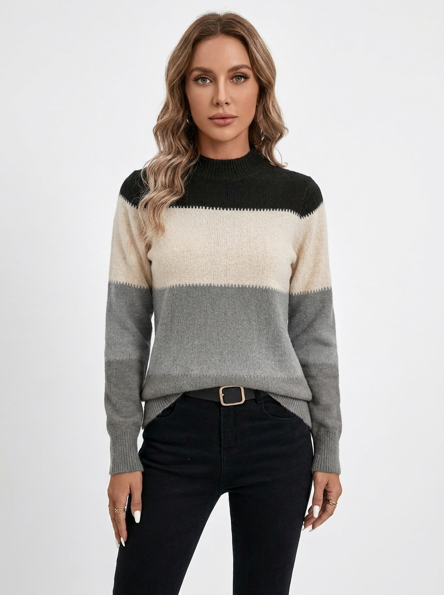 Women's Colorblock Sweater Mock Neck Striped Knit Pullover