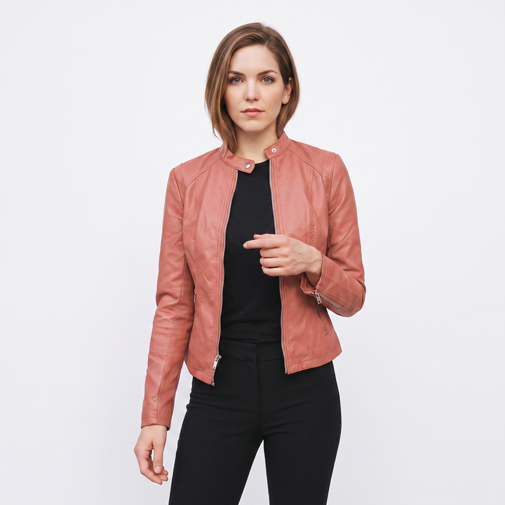 Women's Leather Moto Jacket Fitted Zip-Up Biker Jacket