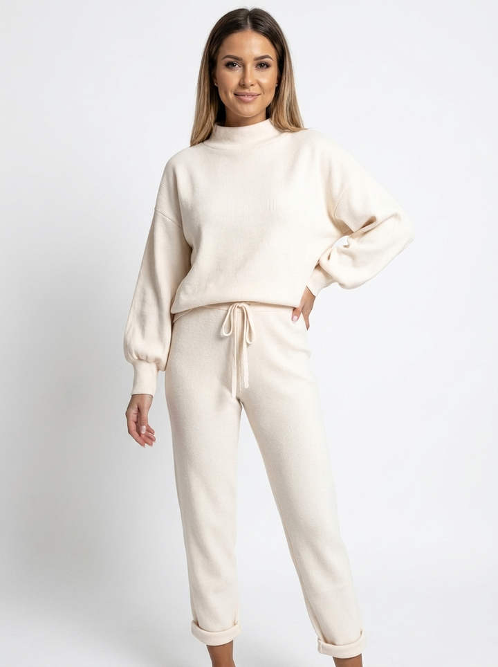 Women's Balloon Sleeve Sweatsuit Set Knit Top and Pants