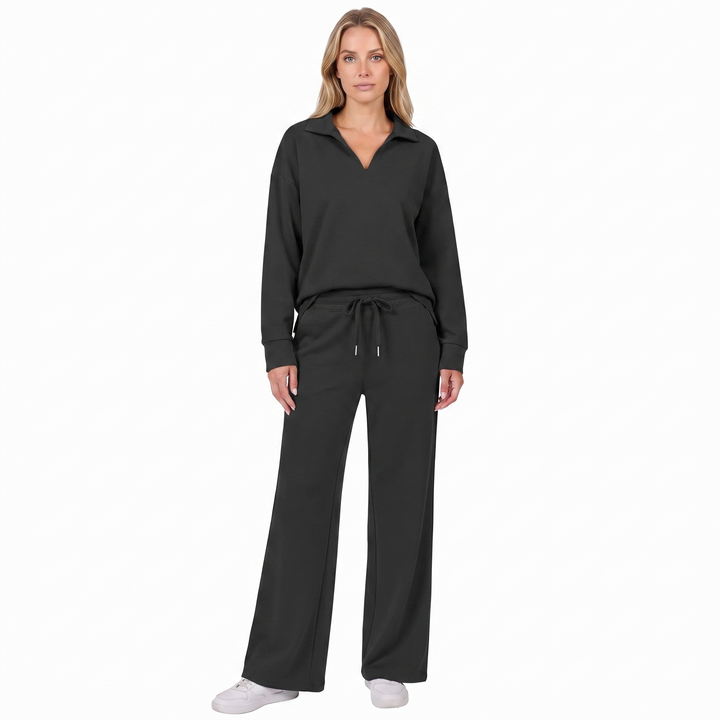 Women's Collared Top and Wide-Leg Pants Two-Piece Set