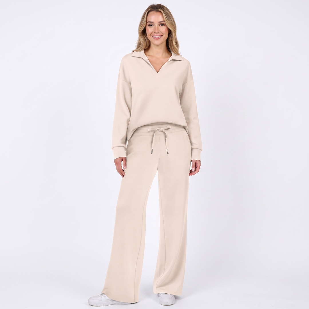 Women's Collared Top and Wide-Leg Pants Two-Piece Set