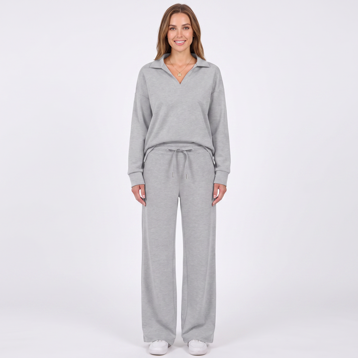 Women's Collared Top and Wide-Leg Pants Two-Piece Set