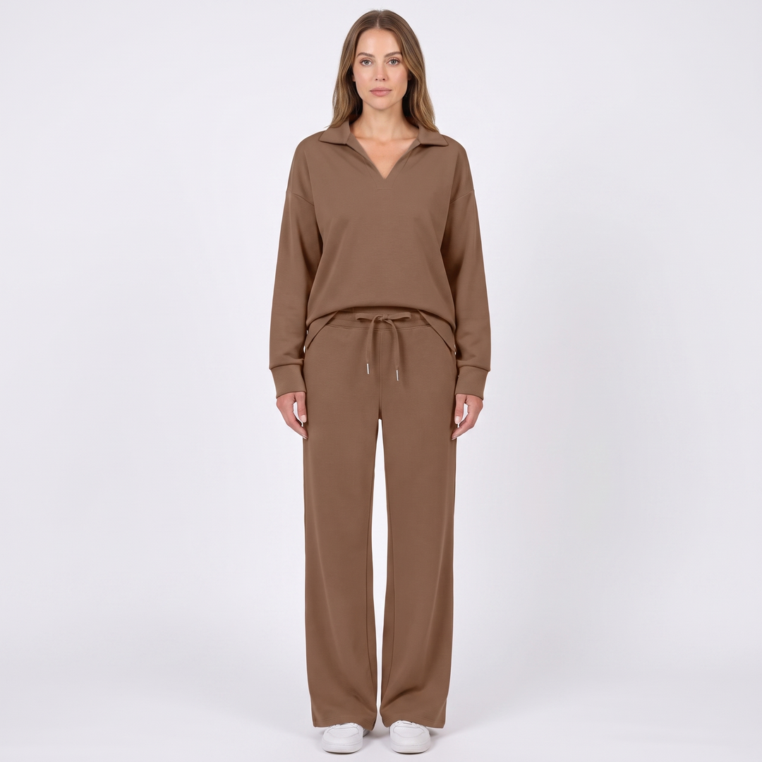 Women's Collared Top and Wide-Leg Pants Two-Piece Set